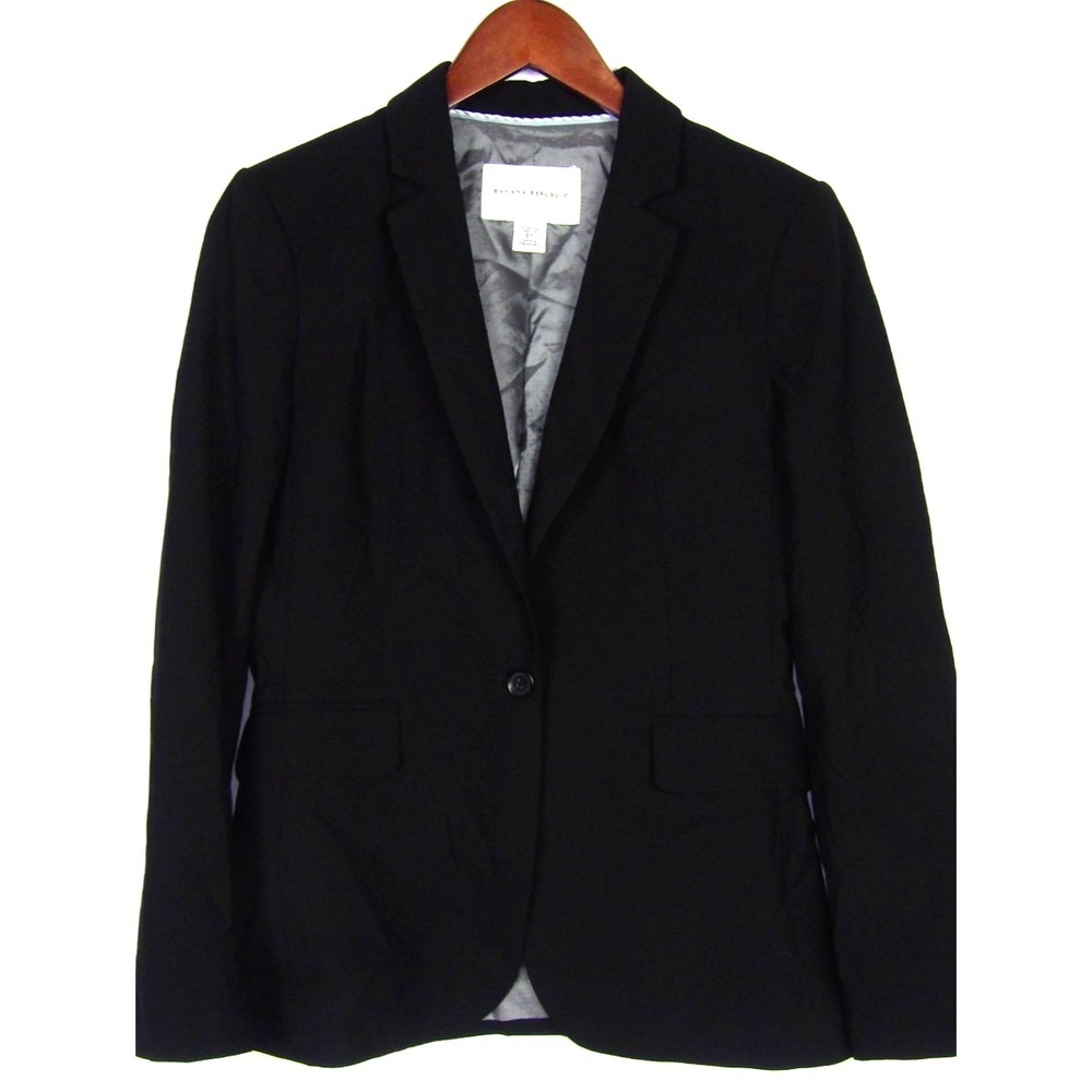 Banana Republic 1 Button Black Wool Blend Stretch Office Blazer Women's 4 Petite